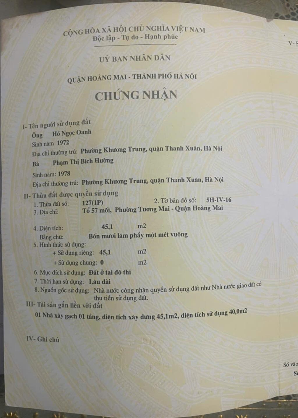 Bán nhà Nguyễn Đức Cảnh - diện tích 45.1m2 1 tầng - Lô đất vuông vắn, không lỗi phong thủy - giá 4,5 tỷ