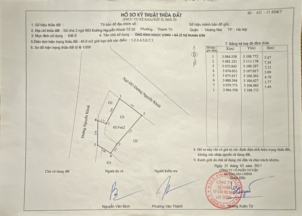 Bán nhà Nguyễn Khoái - diện tích 46m2 1 tầng - 2 mặt tiền - giá 2,75 tỷ