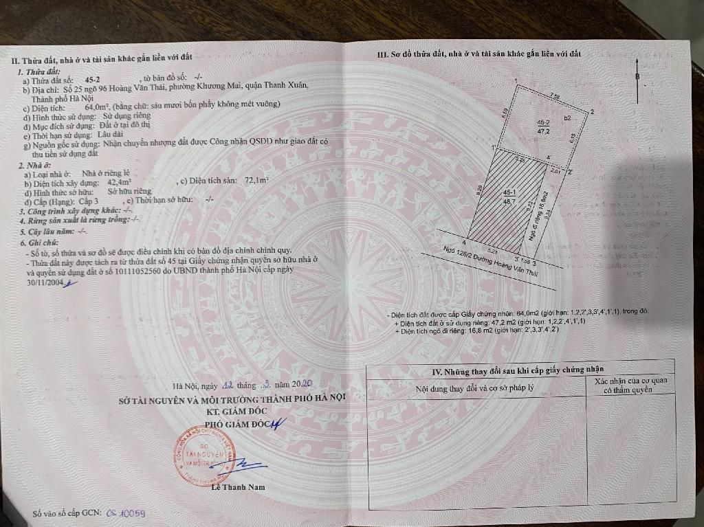 Bán nhà Hoàng Văn Thái - diện tích 64m2 4 tầng - ô tô 20m - giá 13,5 tỷ