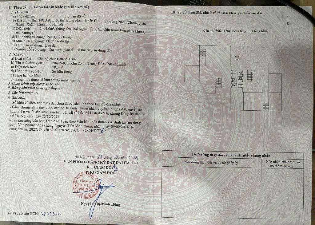 Bán nhà Lê Văn Lương - diện tích 70.3m2 1 tầng - Căn hộ số 06 tầng 15 - giá 7,8 tỷ