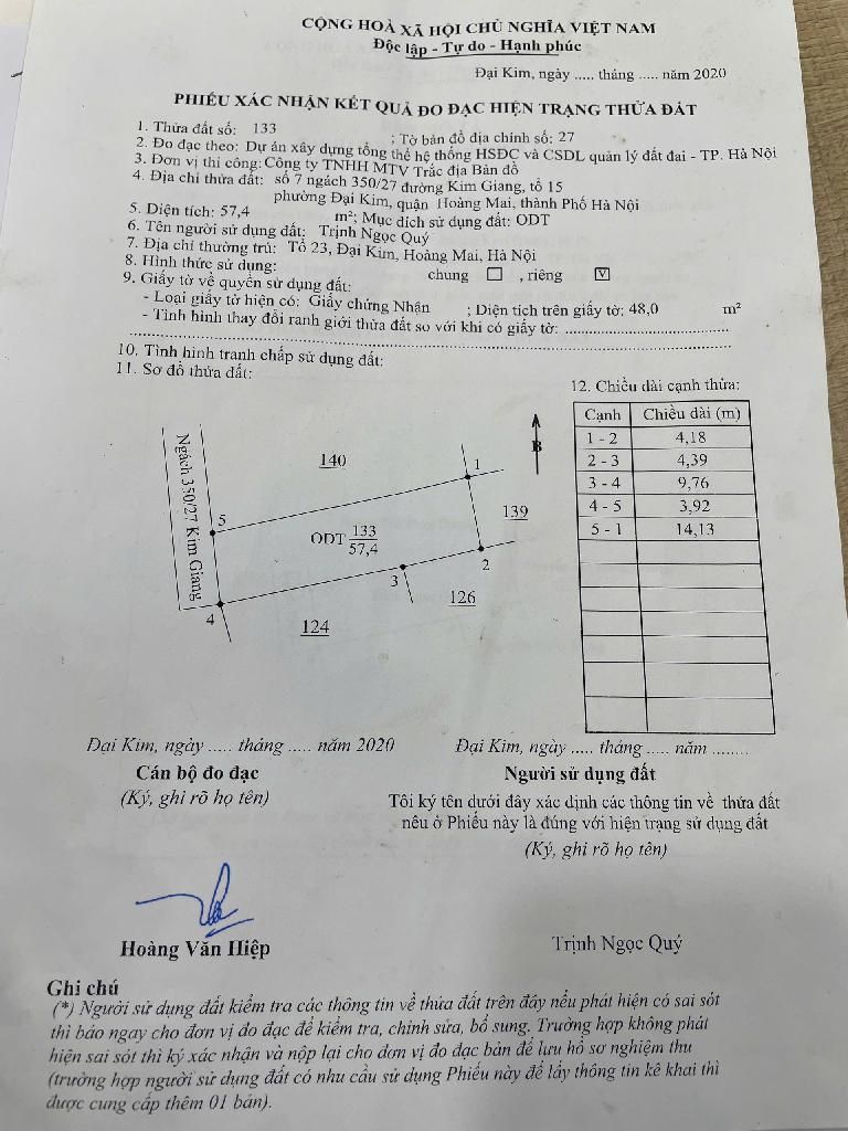 Bán nhà Kim Giang - diện tích 57m2 4 tầng - Ô TÔ ĐỖ CỬA - giá 13,9 tỷ